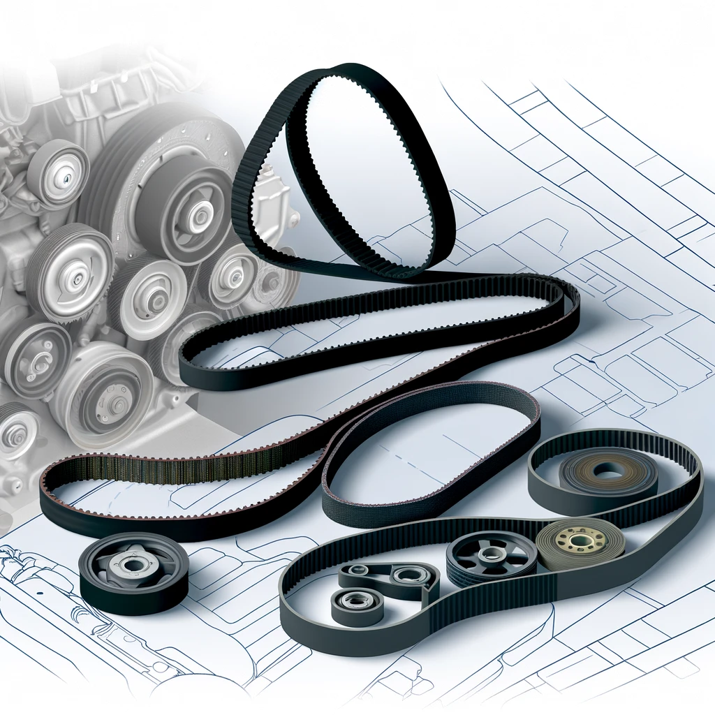 The Importance of Automotive Belts and Maintenance Guide 7 The Importance of Automotive Belts and Maintenance Guide DALL·E 2024 05 06 17.38.24 A detailed illustration of various automotive belts and their design components. The image features an assortment of belts such as timing belts serpe